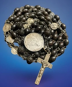 Vintage Catholic Cocoa Wood Lourdes Pater Medal Rosary, Crucifix + Medal - Picture 1 of 7