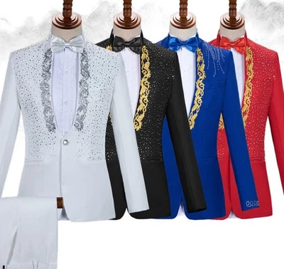 Para hombres Estrás Decoración Trajes Blazer Vestido Escenario Fiesta Boda Abrigo Pantalones 2 PIEZAS Foto 1 de 4