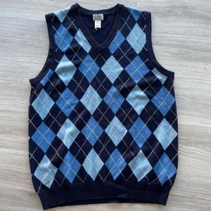 L.L. Bean Men's Lambs Wool Blue & Navy Argyle Sweater Vest XL Tall Preppy Corp  - Picture 1 of 5