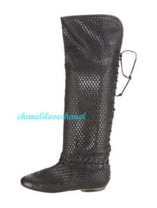 CHANEL PERFORATED BLACK LEATHER TALL LACE-UP BOOTS FLATS SHOES,36.5,RARE - Picture 1 of 6