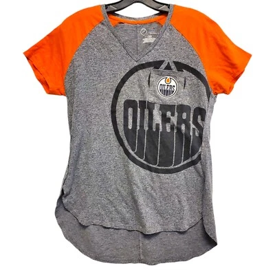 EDMONTON OILERS Shirt Womens Large Gray Orange BIG Logo Spell Out NHL Hockey - Image 1 of 4