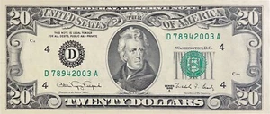 1988 Series A 20 Dollar Bill Uncirculated US Federal Reserve Note D78942003A - Picture 1 of 12