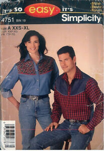 OOP Simplicity 4751 Western Shirts Sewing Pattern Unisex Men Women XXS-XL