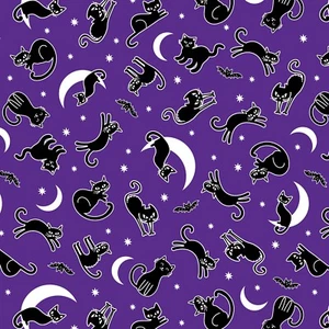 Feline Drive Fabric CHILLS & THRILLS Spooky Cats GITD - Sold by the Yard - Picture 1 of 6