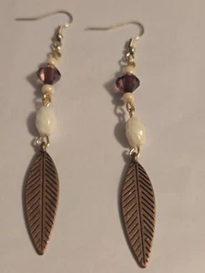 Feather Charm Earrings - Bronze And Cream - Picture 1 of 3