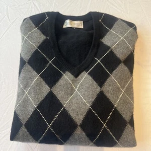 Clark Gregory Size Large Argyle Sweater Black gray Cream 100% Merino Wool READ - Picture 1 of 12