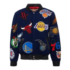 Men's Navy Jeff Hamilton NBA COLLAGE Bomber Jacket Genuine WOOL Varsity Jacket - Picture 1 of 3