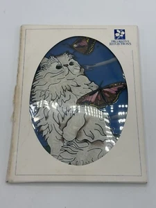 New Hand-Painted Stained Glass White Cat With Butterflies Suncatcher 8” X 5” - Picture 1 of 4