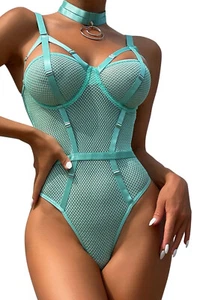 Sexy Blue Mesh Bodysuit Teddy One Piece Lingerie Strappy Choker Size 8-14 - Picture 1 of 5