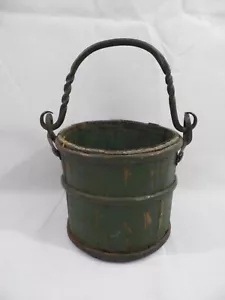 Old Vtg Antique Primitive Green Wood & Metal Berry Bucket 5" - Picture 1 of 7