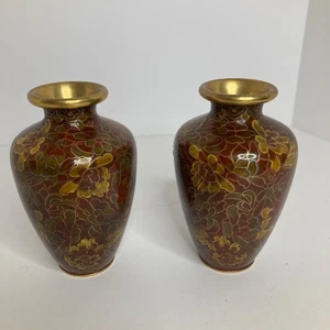 2 Jarrones Cloisonne Florales Vintage Marrón Rojo Negro Dorado 4" Base Borde Dorado - Imagen 1 de 6