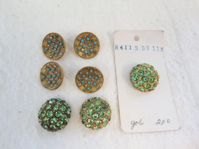 7 Vintage Rhinestone Buttons Gold tone Metal Domed Green + 4 Flat Shank - Image 1 of 4