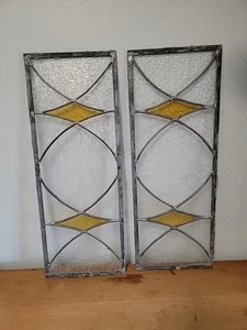 Vintage Set Of 2 Leaded Stained Glass Window Panels Pair Approx. 10 x 26 Inches - Picture 1 of 4