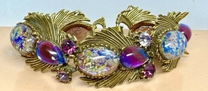 Florenza Signed Foil Opal & Givre Glass Cabochon Golden Vintage Bracelet - Picture 1 of 9
