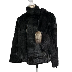 Black Fur Jacket Built in Tail Scarf + Pockets Hong Kong Womens SZ Small Flaw - Picture 1 of 11