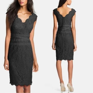 Tadashi Shoji Lace & Tulle Sheath Dress Black Cocktail V-neck Quiet Luxury SZ 2 - Picture 1 of 17