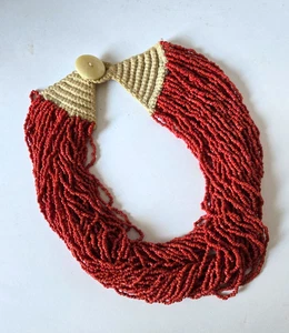Vintage Konyak Indien Rot Glas Rocailles Multi Strang Halskette Yak Knochen 21 Zoll - Bild 1 von 4