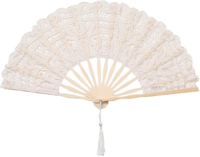 Cotton Lace Folding Handheld Fan Embroidered Bridal Hand Fan with Bamboo Staves  - Image 1 of 4