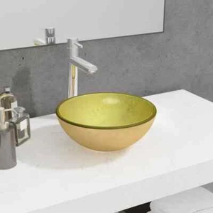 vidaXL Basin Tempered Glass 30x12 cm Gold HEE - Picture 1 of 5