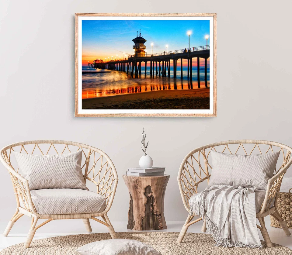 Huntington Beach Print, Pier Wall Art, Sunset Sky Framed Beach Wall Art, Coastal - Image 1 of 1