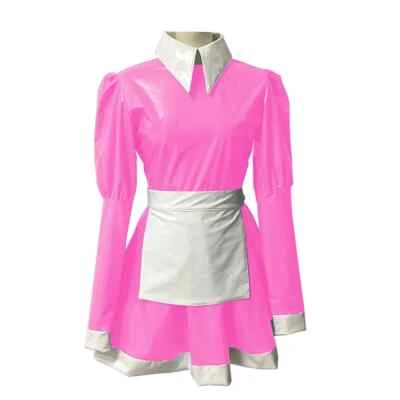Sissy Party A-line Maid Uniforms Faux PVC Leather Turtleneck French Maid Dress  - Image 1 of 4