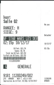 Movie Ticket Cinema - Used - STAR WARS VIII Last Jedi - Cineplex Quebec - Picture 1 of 1