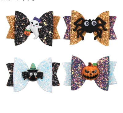 Halloween Hair Bow Clip Pumpkin Cat Spider Ghost Glitter Girls Party Spook Gift - Image 1 of 4