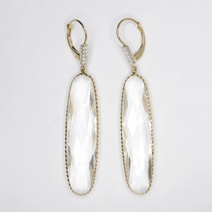 QUARTZ DIAMOND DANGLE EARRINGS 1.5 INCH LONG NATURAL 14k YELLOW GOLD DROP BIG - Picture 1 of 1