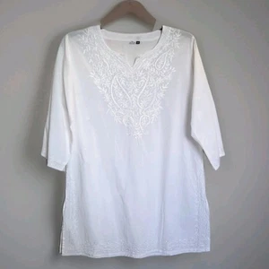 White Cotton Embroidered Semi Sheer Boho Tunic Pullover Cottage Top Sz XL - Picture 1 of 4