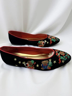 Zapatos bordados vintage Tootsies Tootsies Navidad planos oso de peluche 10M  Foto 1 de 4