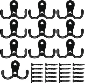 COAT HOOKS 10 Pack Black Wall Mounted Coat Hook Double Hook With Mounting Screws - Picture 1 of 7
