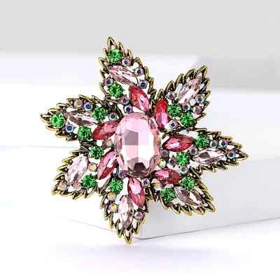 Broche Prendedor Grande Estilo Vintage Elegante Flor Tono Dorado Cristal Estrás Rojo Foto 1 de 4