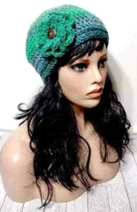 crochet womans handmade flower hat beanie simply greenery USA - Picture 1 of 2