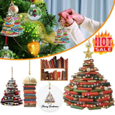 Book Lover Bookshelf Ornament Hanging Christmas Tree Shape Pendant Wooden Decor - Image 1 of 4