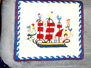 Needlepoint Pillow Cover Hand made Antique Boat Athens Greece Nat. Welfare Org - Picture 1 of 10
