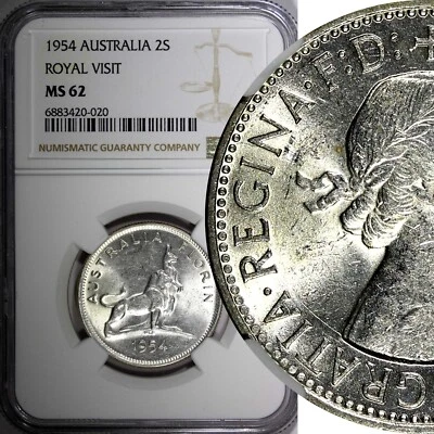 Australia Silver 1954 Florin NGC MS62 Royal Visit of Elizabeth II KM# 55 (020) - Image 1 of 4