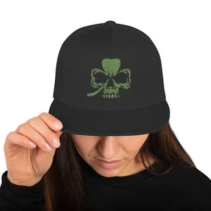 Shamrock Clover Skull Irish Skulls St Patricks Skeleton Black Snapback Hat - Picture 1 of 4