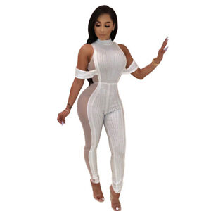 Women's Sexy  rhinestone Coveralls with Mesh Bodycon Club Jumpsuit Rompers ZG9