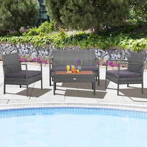 4PCS Patio Rattan Furniture Set Wooden Tabletop Cushioned Chair Gray - Picture 1 of 6