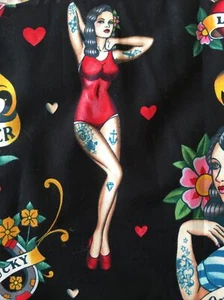 Pin up Tattoo Don’t Gamble With Love Fabric Alexander Henry Rockabilly Black Yd - Picture 1 of 12