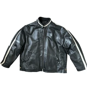 Vintage Y2K Black Leather Jaguar Car Moto Jacket Double Lines 2XL - Picture 1 of 6