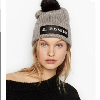 维多利亚的秘密标志 POM-POM 帽子 冬季 黑色或灰色 BEANIE 帽子 FUX FUR 全新! — 第 1/3 张图片