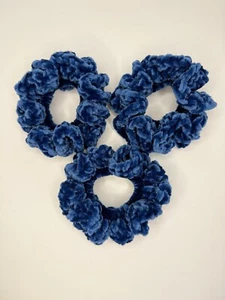 Handmade Blue Velvet Crochet Scrunchies – Set of 3 Soft Stretchy Hair Ties, New - Picture 1 of 7
