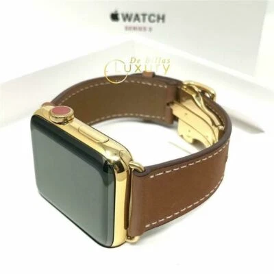 24K Gold Plated 42MM Apple Watch SERIES 3 Brown Leather Band Custom Wooden Box - Image 1 of 3