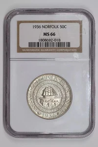 1936 NORFOLK COMMEMORATIVE HALF DOLLAR NGC MS66 ORIGINAL PQ! - Picture 1 of 2