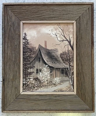 Оригинальная подписанная холщовая живописная хижина Idell Ellingwood Barnwood в рамке из дерева - Изображение 1 из 4