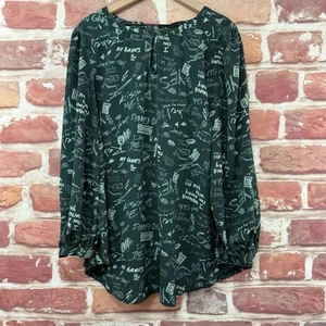 Melissa McCarthy Seven7 Top Shirt Womens 1X Green Chalkboard Script Casual Tunic - Picture 1 of 9