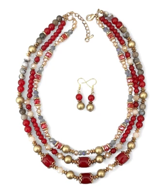 Multi-strand Layered Red & Golden Beads Everyday Casual Chic Elegant Necklace  - Image 1 of 4