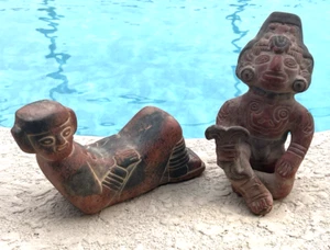 2 Estatua Escultura Dios Guerrero Cerámica Azteca Maya Mexicana De Colección - Imagen 1 de 14