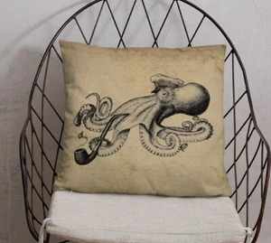 18" x 18" Nautical Pillow boatswain sea octopus with pipe, sailor vintage decor - Picture 1 of 11